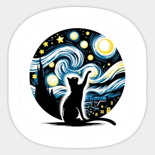 Starry Night Sky Black Cat Silhouette, Van Gogh, Artistic Sticker